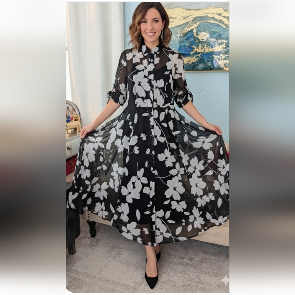 Calvin Klein's Shirtdress Black and White Floral  Dress Size 4